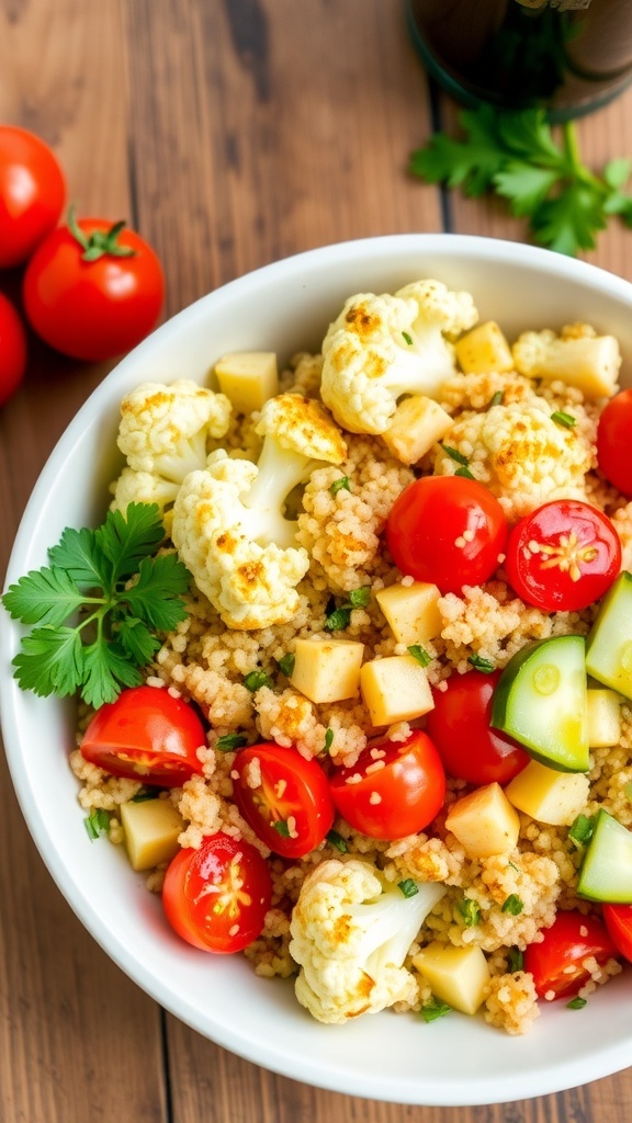 Cauliflower Quinoa Salad Recipe A colorful cauliflower quinoa salad with roasted cauliflower, quinoa, tomatoes, cucumber, and parsley in a bowl.